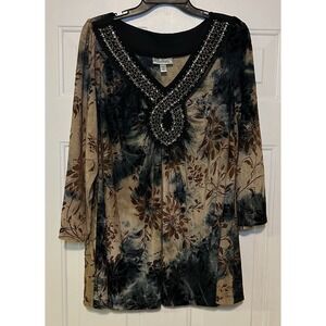 Dressbarn Womens Blouse Size 3X  Floral Print Rhinestone V Neck‎ 3/4 Sleeve Top